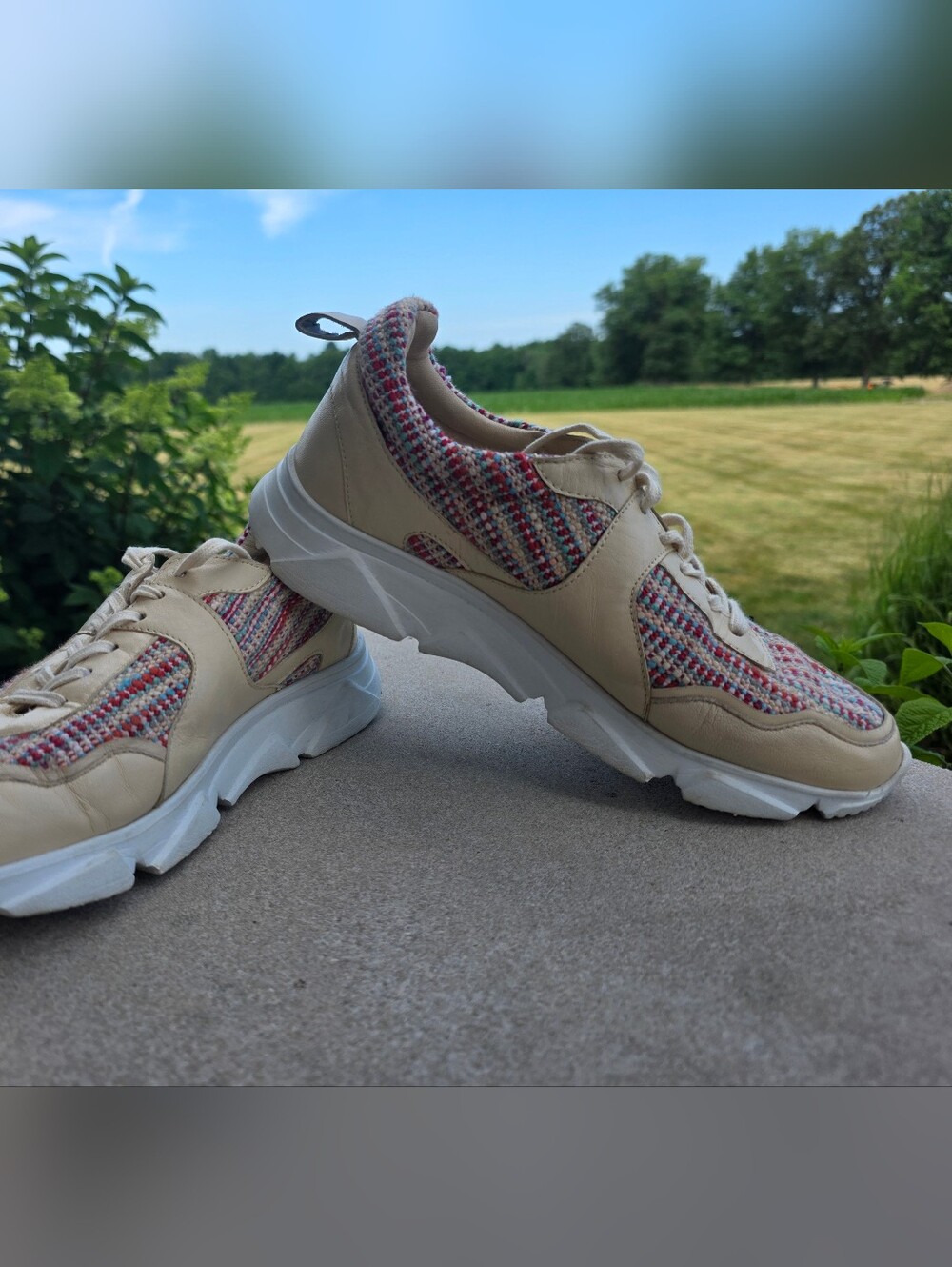 Able Cream Knit Lace-Up Sneakers with Pink & Blue Accents